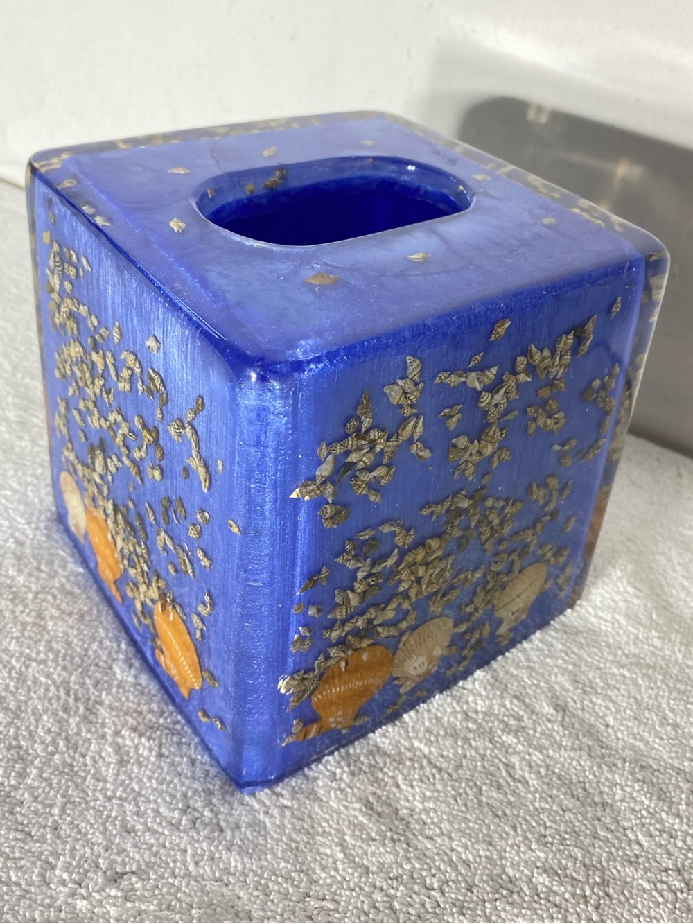 Vintage Blue Resin Square Tissue Box with Shell Accents